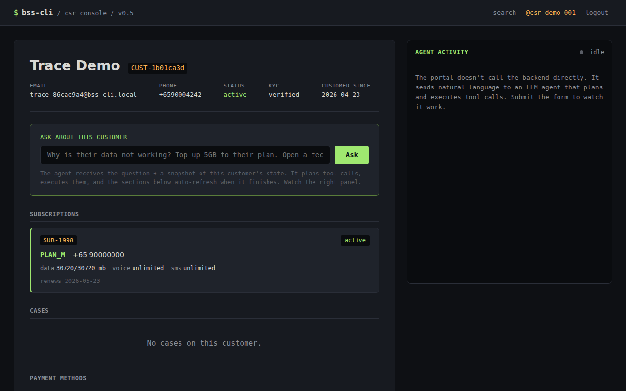 CSR portal customer 360 view: a single page with the customer's profile, subscriptions, bundle balances, recent orders, payments, and open cases.