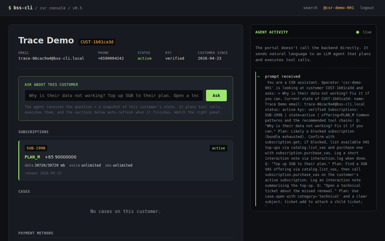 CSR portal with the in-page agent answering a free-text question about why the customer's data is not working, tokens streaming mid-reply.