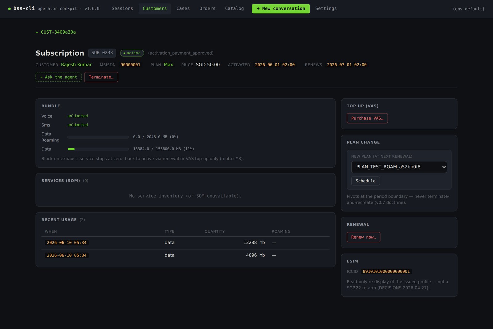 Subscription detail for a heavy user: data bar at about 80% consumed, unlimited voice/SMS rows, SOM services table, recent usage tail, and side-rail panels for VAS top-up, plan change scheduling, renew-now and a guarded Terminate.
