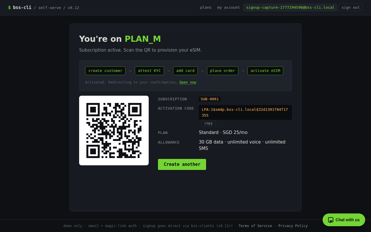 Self-serve confirmation page rendered after activation, showing the new subscription summary, eSIM activation QR code, and LPA code for manual entry.