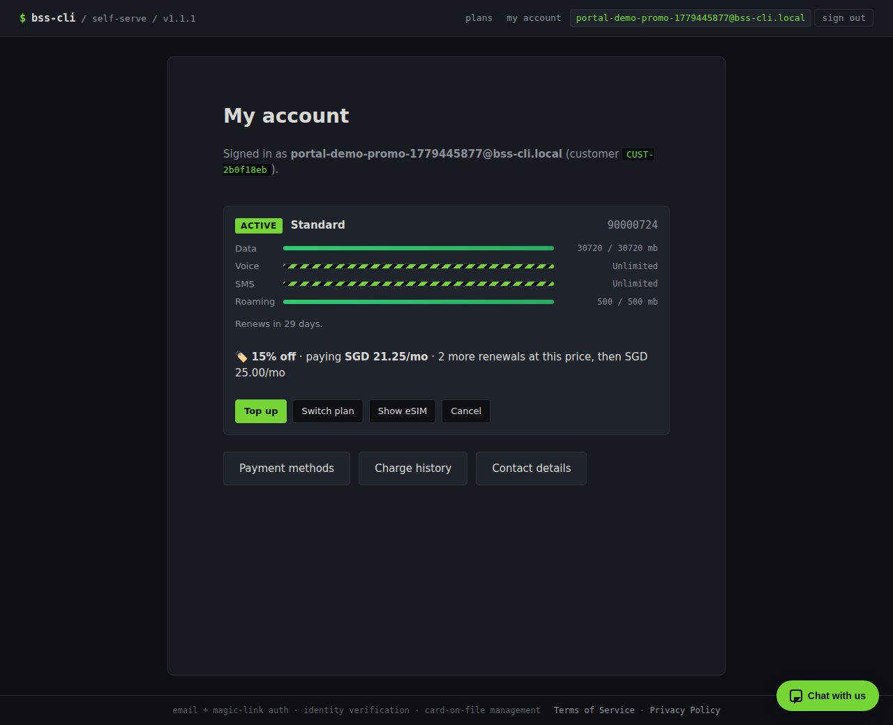 Self-serve dashboard 'My account' showing an active Standard line (90000724) with allowance bars and a discount note: '🏷️ 15% off · paying SGD 21.25/mo · 2 more renewals at this price, then SGD 25.00/mo'.