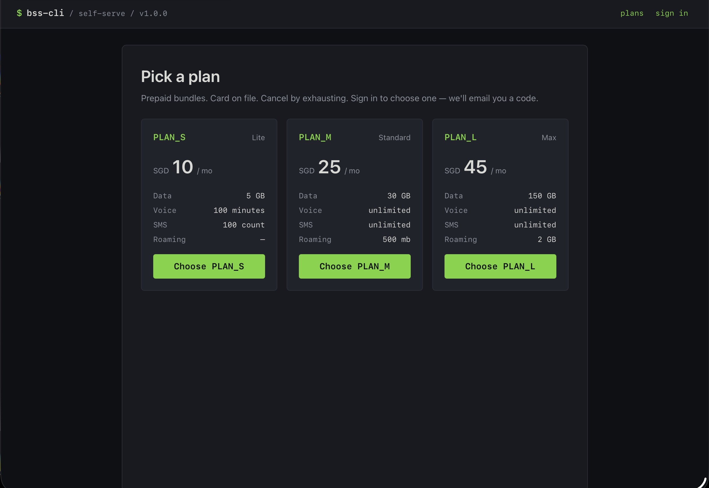 Self-serve plan picker at /plans: three cards (PLAN_S, PLAN_M, PLAN_L) showing Data, Voice, SMS, and Roaming allowance rows. PLAN_S has no roaming (em dash); PLAN_M ships 500 MB roaming; PLAN_L ships 2 GB.