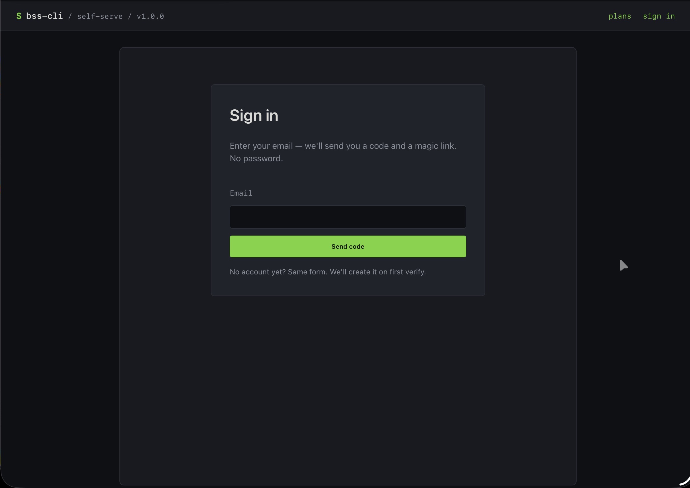 Self-serve public landing page at /welcome: brand bar with bss-cli wordmark, tagline, and Sign in / Browse plans CTAs on a dark background.
